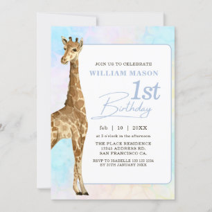 Invitation Cute Giraffe Boy 1er anniversaire Bleu