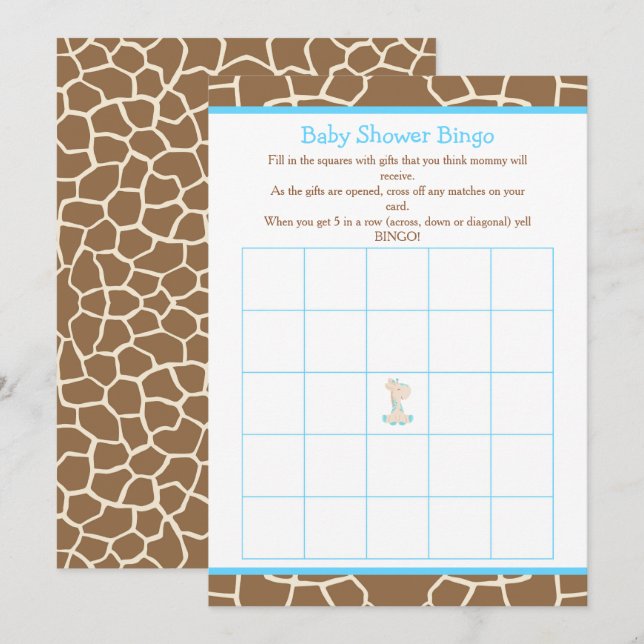 Invitation Cute Giraffe Boy Baby shower bleu Bingo (Devant / Derrière)