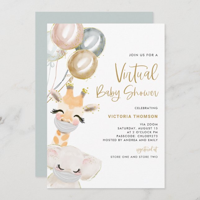 Invitation Cute Giraffe et Elephant Baby shower virtuel (Devant / Derrière)