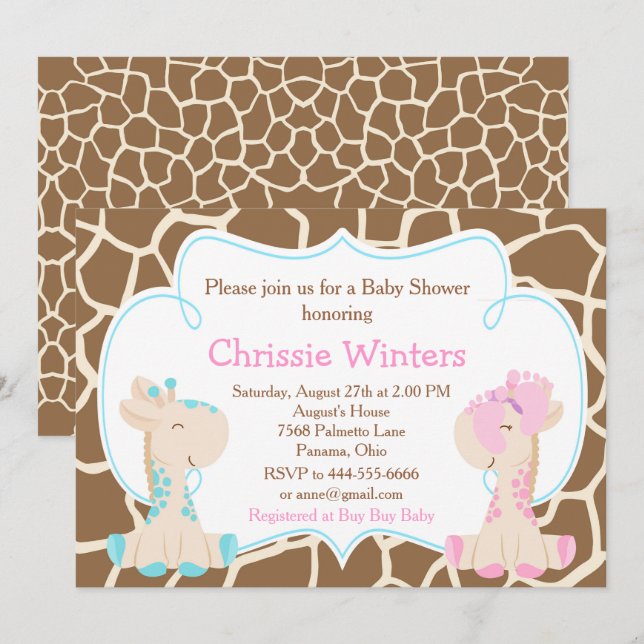 Invitation Cute Giraffe Genre Révélation ou Baby shower jumea (Devant / Derrière)