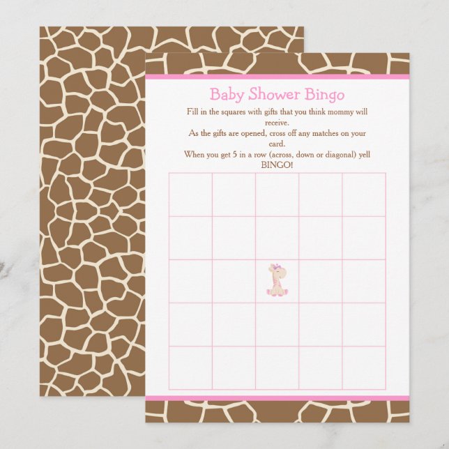 Invitation Cute Giraffe Girl Baby shower rose Bingo (Devant / Derrière)