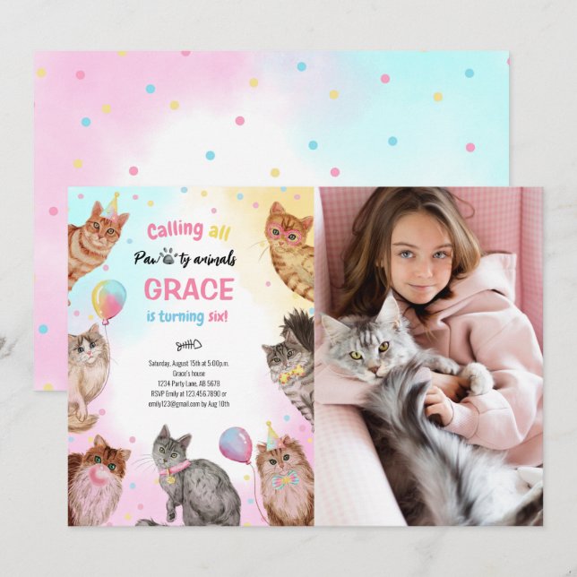 Invitation Cute Girl Chat Pawty Animaux Anniversaire Photo (Devant / Derrière)