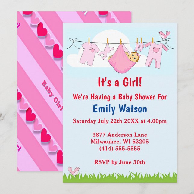Invitation Cute Girl Clothesline Coeurs Boho Baby shower (Devant / Derrière)