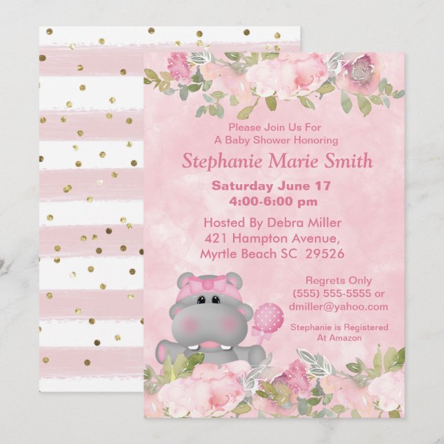 Invitation Cute Girl Hippo Baby shower floral rose (Devant / Derrière)