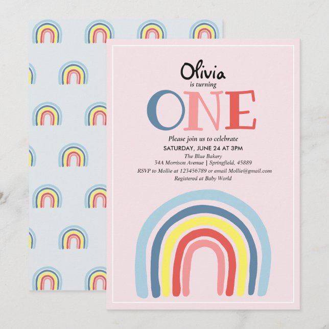 Invitation Cute Girl Modern Rainbow et nom 1er anniversaire (Devant / Derrière)