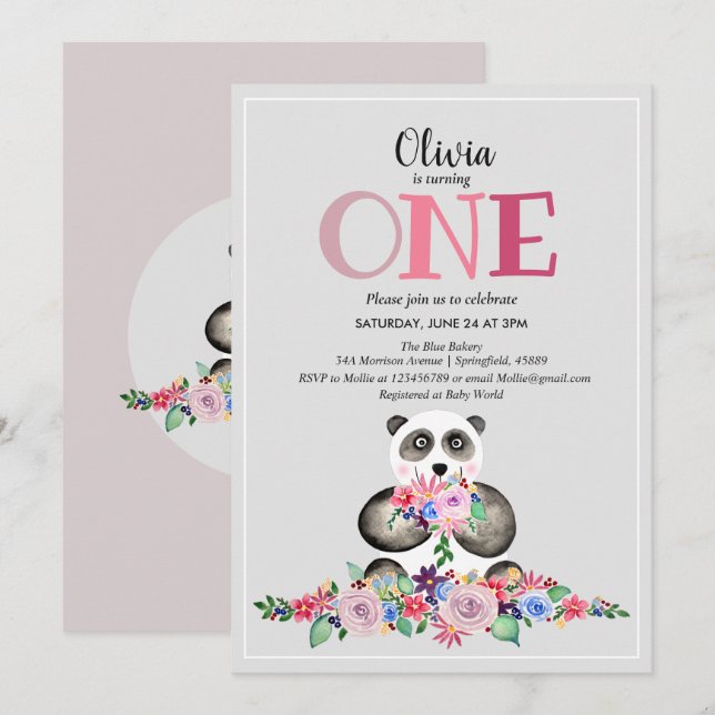 Invitation Cute Girl Moderne Flower Panda & Nom 1er Anniversa (Devant / Derrière)