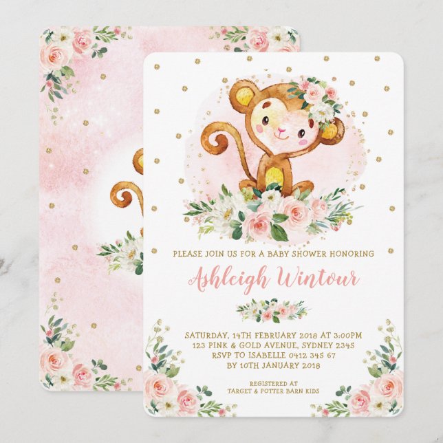 Invitation Cute Girl Monkey Baby Pink Gold Floral Baby shower (Devant / Derrière)