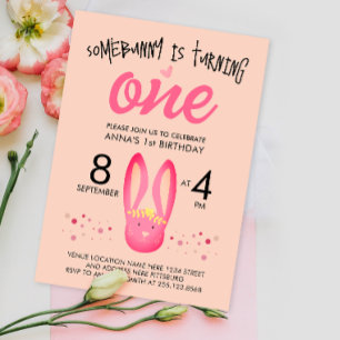 Invitation Cute Girl Pastel Rose Peach Bunny 1er anniversaire