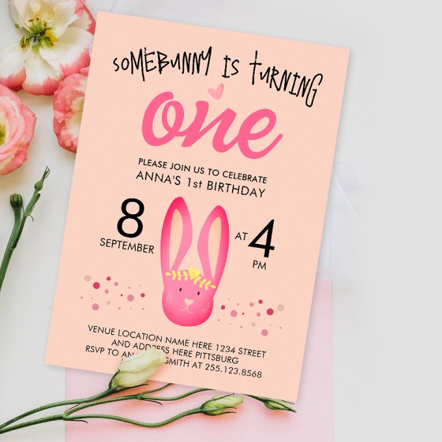 Invitation Cute Girl Pastel Rose Peach Bunny 1er anniversaire (Créateur téléchargé)