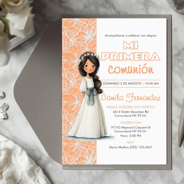 Invitation Cute Girl Peach Background Spanish First Communion (Créateur téléchargé)