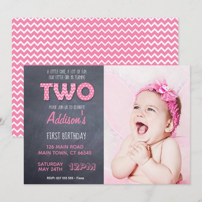 Invitation Cute Girls 2e Anniversaire Pink Chalkboard (Devant / Derrière)