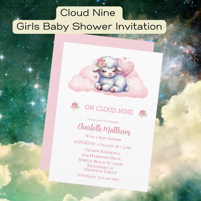 Invitation Cute Girls Baby Lamb Cloud Neuf 9 Baby showers (Créateur téléchargé)
