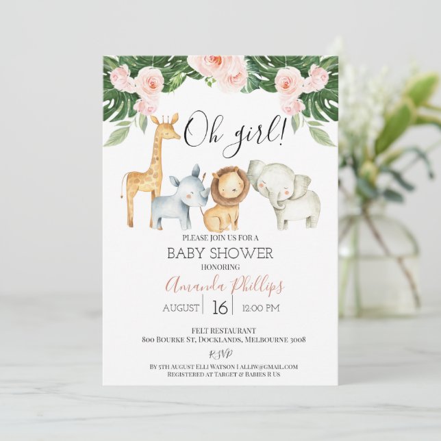 Invitation Cute Girls Floral Safari Animaux Baby shower (Debout devant)