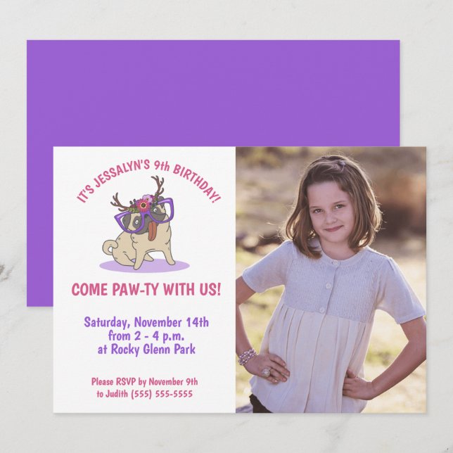 Invitation Cute Girly Boho Floral Carlin Violet Lunettes Anni (Devant / Derrière)