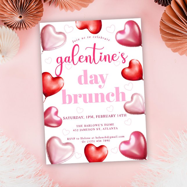Invitation Cute Girly Pink Hearts Brunch de la Saint-Galentin (Cute Girly Pink Galentine's Day Brunch Invitation)