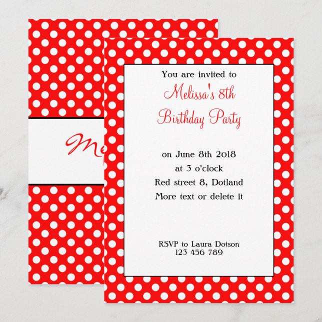 Invitation Cute Girly tendance Rouge Blanc pois Anniversaire  (Devant / Derrière)