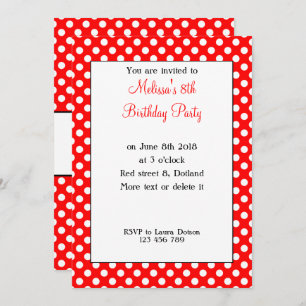 Invitation Cute Girly tendance Rouge Blanc pois Anniversaire 
