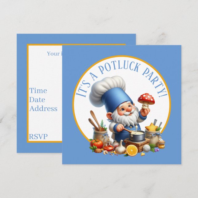 Invitation Cute gnome chef potluck party (Devant / Derrière)