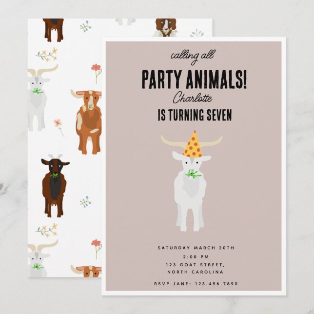 Invitation Cute Goats Farm Party Animals Goat Birthday Theme (Devant / Derrière)