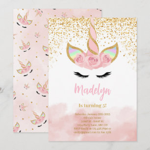Invitation Cute Gold Parties scintillant Unicorn Anniversaire