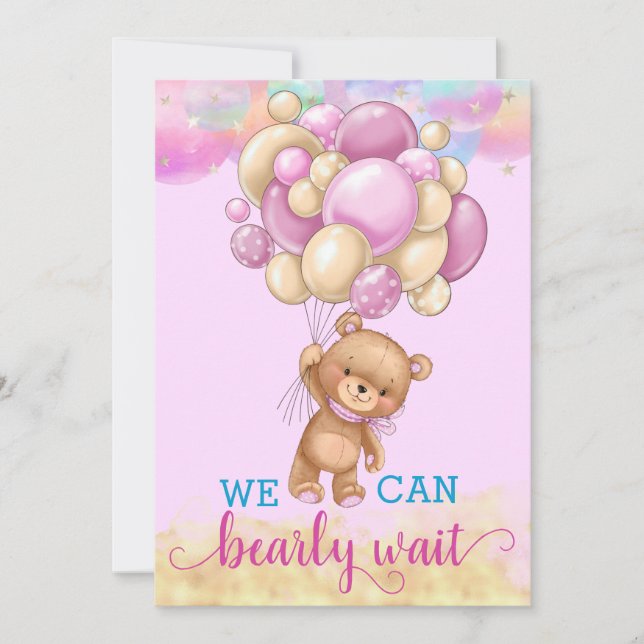 Invitation Cute Gold Rainbow Teddy Bear Balloons Baby shower (Devant)