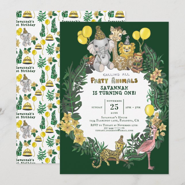 Invitation Cute Green Safari Animaux Anniversaires de enfants (Devant / Derrière)