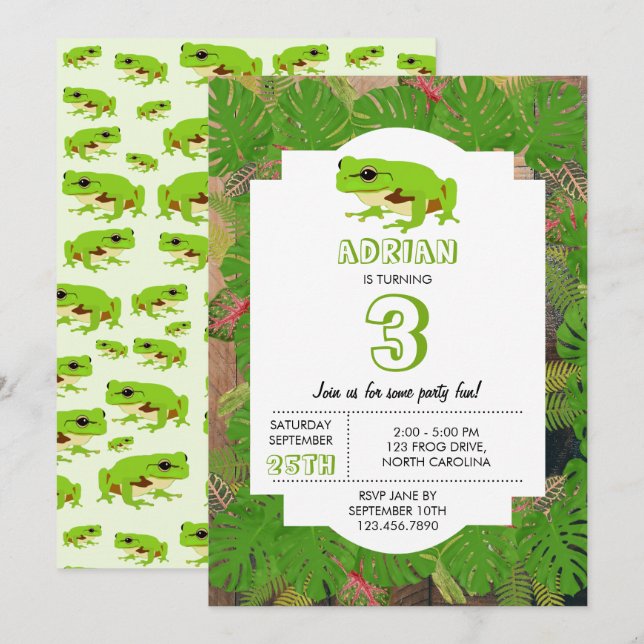 Invitation Cute Green Tree Frog Anniversaire de enfant Party (Devant / Derrière)