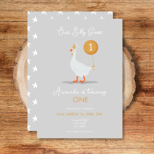 Invitation Cute Grey and Yellow Silly Goose 1er anniversaire