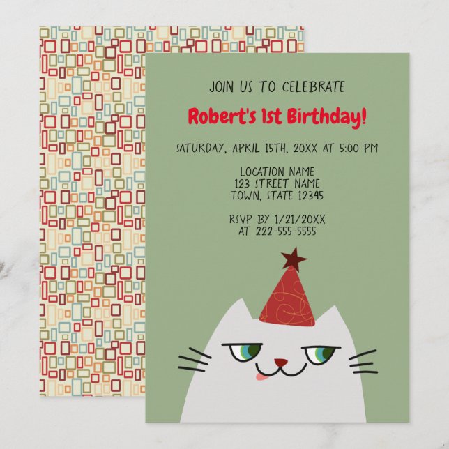 Invitation Cute Grey Chat 1er anniversaire (Devant / Derrière)