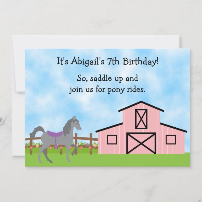 Invitation Cute Grey Horse Pony Rides Filles Anniversaire Inv (Devant)