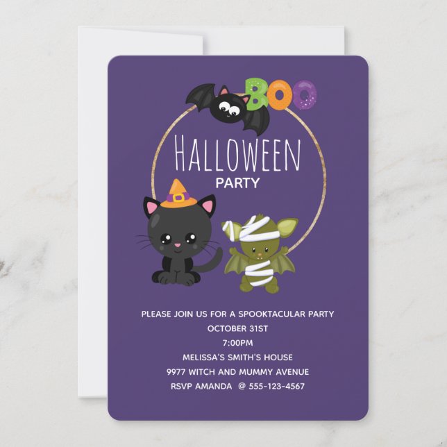 Invitation Cute Halloween Chat, chauve-souris et maman Boo (Devant)