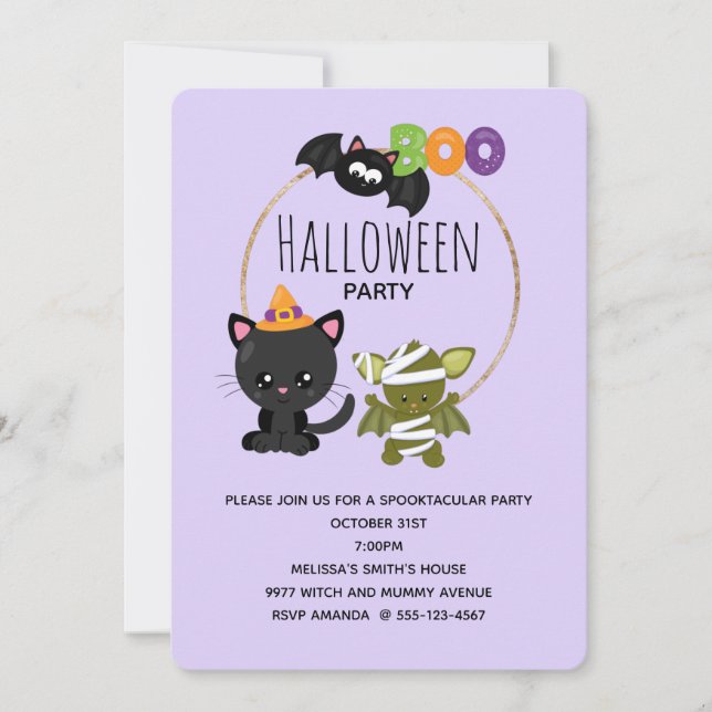 Invitation Cute Halloween Chat, chauve-souris et maman Boo (Devant)