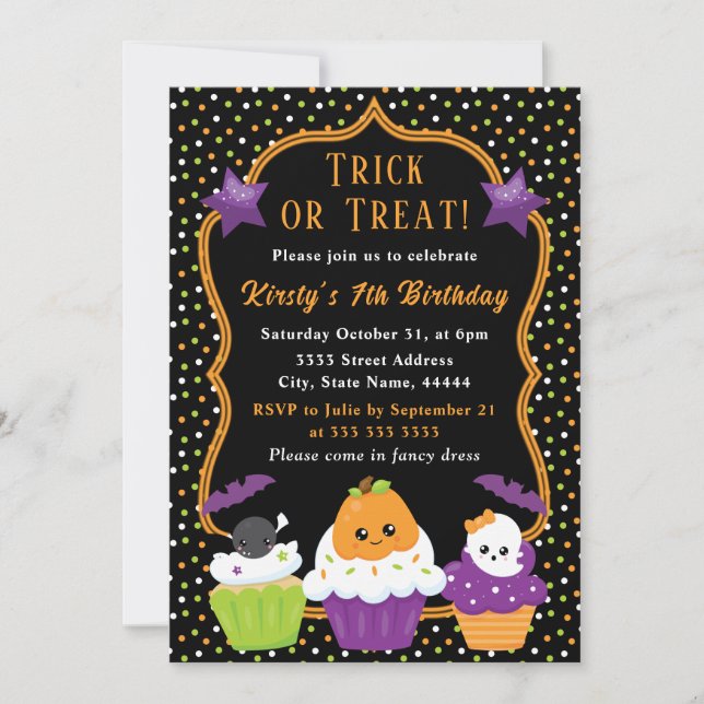 Invitation Cute Halloween Cupcakes & Pois Anniversaire (Devant)