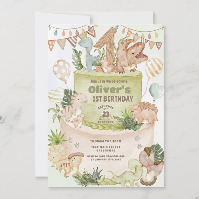 Invitation Cute Happy Dinosaures 1er gâteau d'anniversaire (Devant)