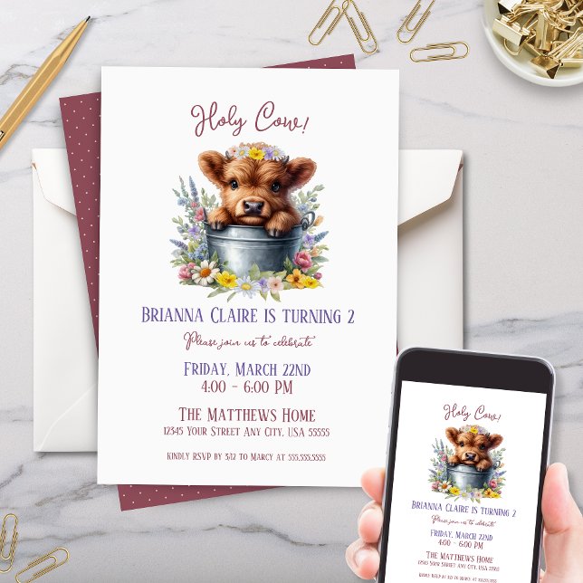 Invitation Cute Highland Cow avec Anniversaire de enfant Fleu (Cute wildflower highland cow theme kids baby birthday party invitation for country floral party)