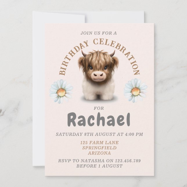 Invitation Cute Highlands Scottish Cow (Devant)