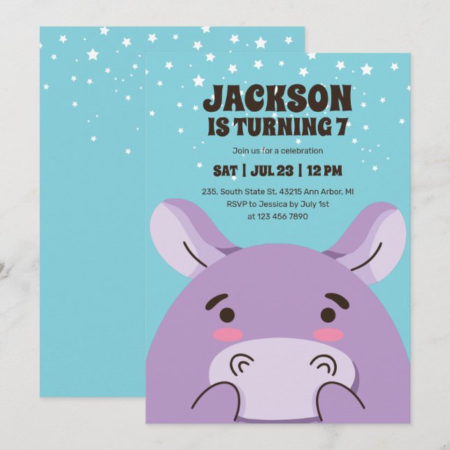 Invitation Cute Hippo Cartoon Animal Safari Anniversaire de e (Devant / Derrière)