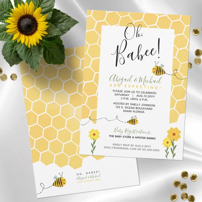 Invitation Cute Honeycomb Aquarelle Bumble Bee Baby shower (Cute Bumble Bee Theme "Oh, Babee" Baby Shower Invitations -- Preview Customizations on Screen!)