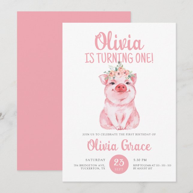 Invitation Cute Hot Rose Farm bébé porc fille 1er anniversair (Devant / Derrière)