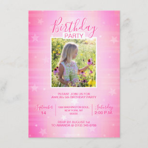Invitation Cute Hot Rose Twinkle Stars Fille Anniversaire   P