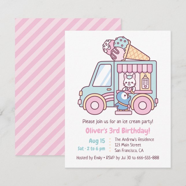 Invitation Cute Ice Cream Truck Anniversaire de enfant Party (Devant / Derrière)