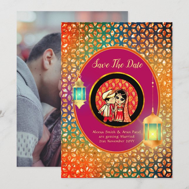 Invitation Cute Indian Cartoon Couple Enregistrer La Date AJO (Devant / Derrière)