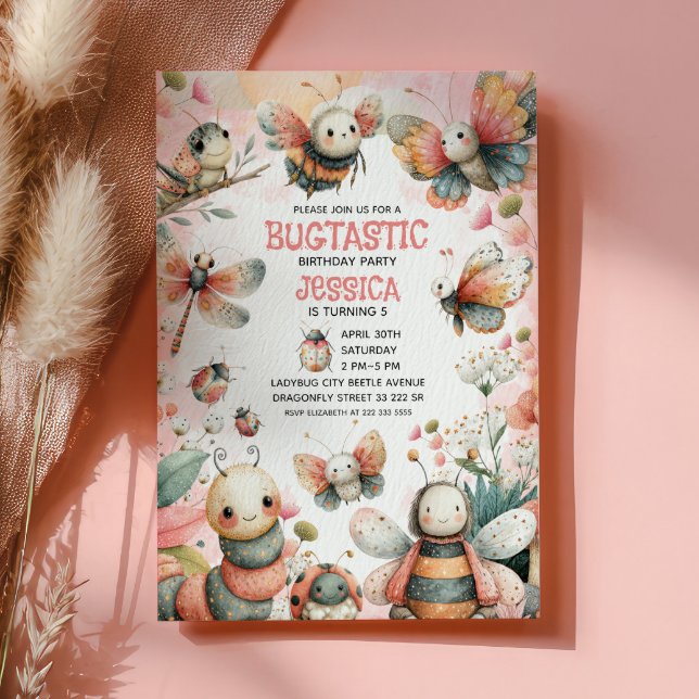 Invitation Cute Insects Bugtastic rose fille Anniversaire de  (Créateur téléchargé)