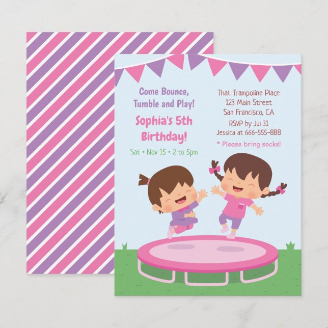Invitation Cute Jumping Filles Trampoline fête d'anniversaire (Devant / Derrière)
