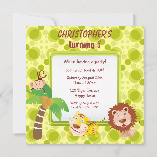 Invitation Cute Jungle Animaux Anniversaire (Devant)