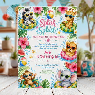 Invitation Cute Jungle Animaux Fête Piscine à Gogo Anniversai