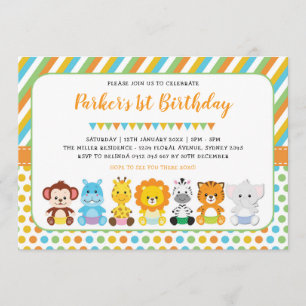 Invitation Cute Jungle Baby Animaux Safari 1er Anniversaire F
