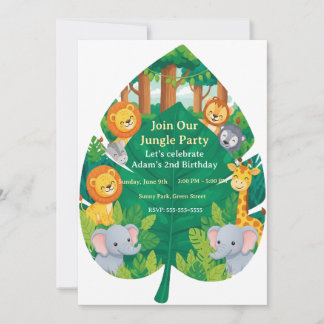 Invitation Cute Jungle Safari Animals Leaf Shape 2nd Birthday