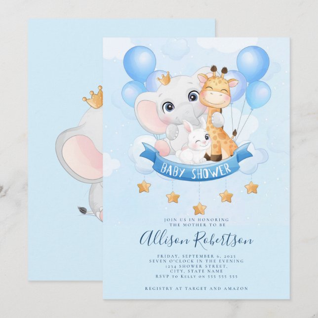 Invitation Cute Jungle Safari Animaux Aquarelle Baby shower (Devant / Derrière)