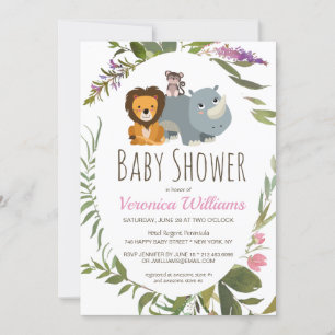 Invitation Cute Jungle Safari Animaux Baby shower rose